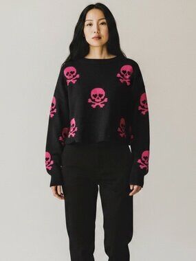 Beach Riot Skull Print Sweater Size S Small Black and Pink